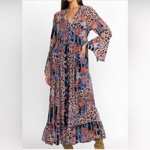 Johnny Was Vibrant Long Sleeve Dress with Floral and Leopard Patterns